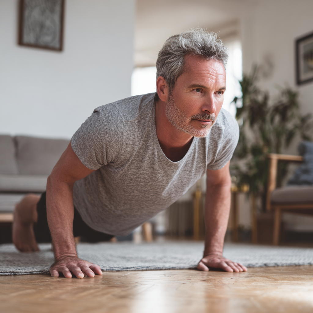 Middle-aged person following customized gentle exercise routine at home