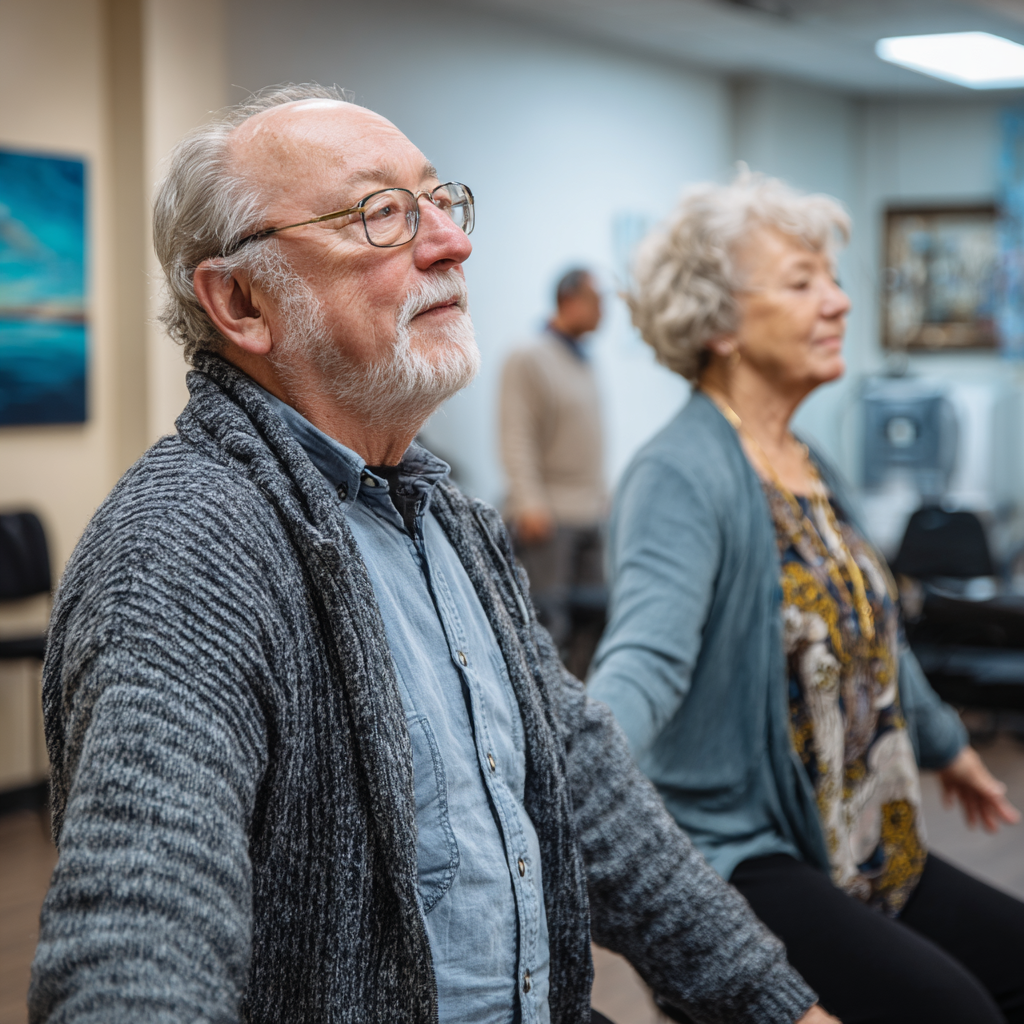 Older adults during gentle movement assessment with professional guidance